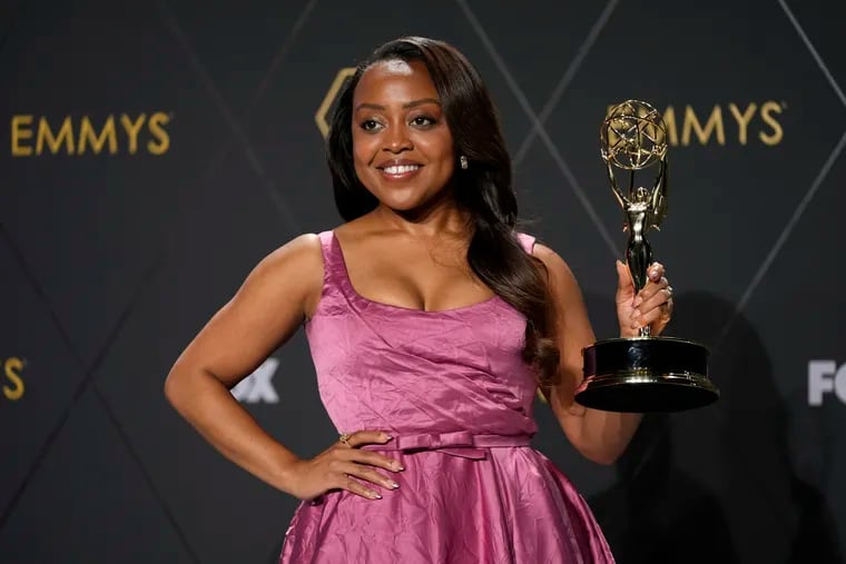 Quinta Brunson with her Emmy for outstanding lead actress in a comedy series for "Abbott Elementary" at the awards ceremony on Jan. 15, 2024. Ashley Landis / AP