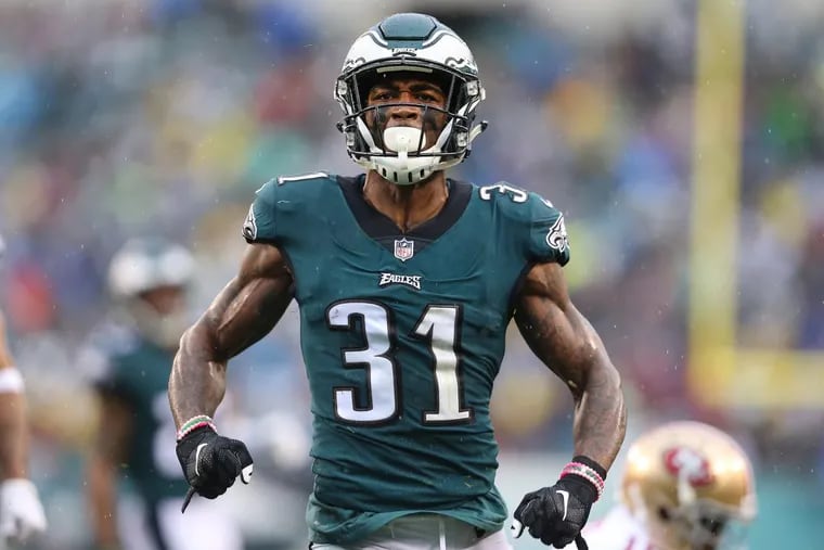 Eagles’ Jalen Mills celebrates a third  quarter stop against the 49ers in Week 8. His touchdown off an interception earlier that day was one of the highlights of the season for the Eagles defense. DAVID MAIALETTI / Staff Photographer