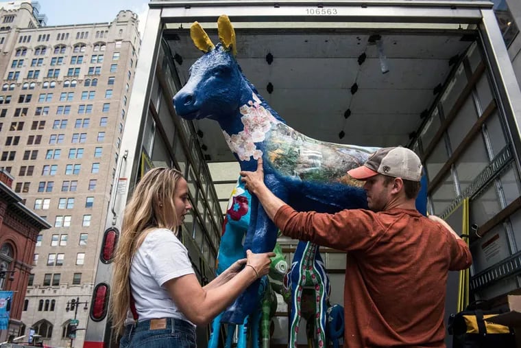 A donkey representing Pa., about to be placed outside the Double Tree Hotel on South Broad. The fiberglass pieces, decorated by local artists, were meant to induce delegates, media members, and locals to see more of the city.