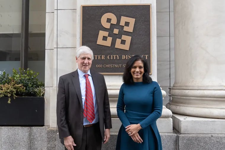 Paul Levy and Prema Katari Gupta in front of Center City District's east Chestnut Street headquarters.