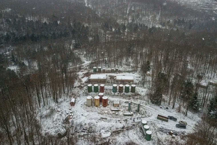 This Nov. 13, 2019, aerial photo shows part of an abandoned oil drilling project in the Allegheny National Forest in Pennsylvania.