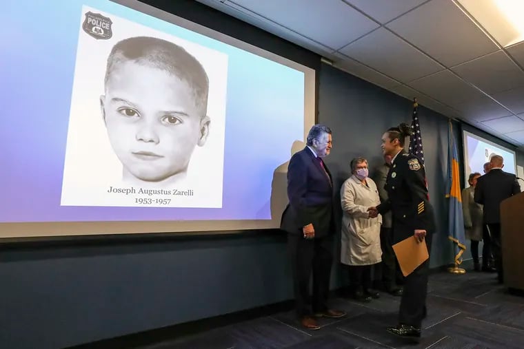 Philadelphia Police Commissioner Danielle Outlaw greets Constance DiAngelo, the city's medical examiner, and William C. Fleisher of the Vidocq Society following a news conference announcing the name of a child whose previously unidentified remains were found in 1957.