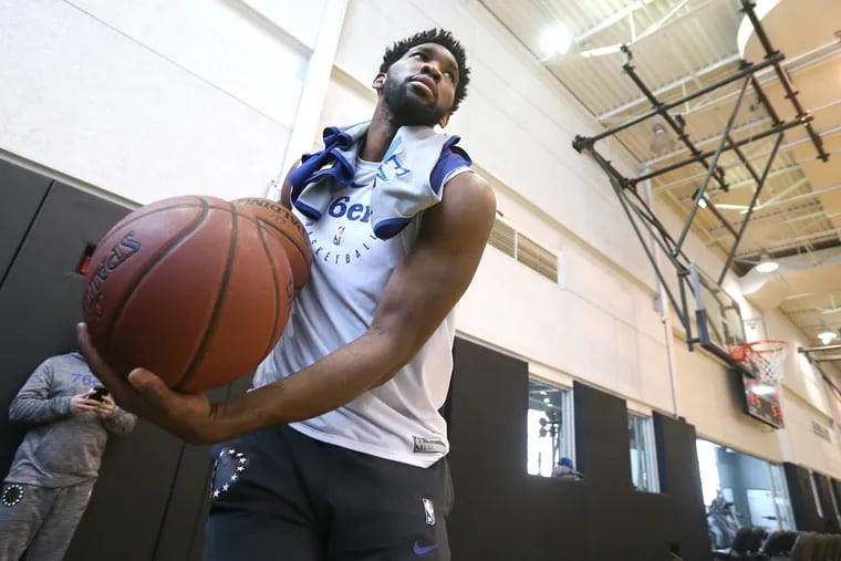 Joel Embiid of the Sixers as he shoots around at the start of practice on May 11, 2019.  The Sixers are preparing for game 7 of the NBA Eastern Conference semifinals against the Raptors at the Scotiabank Arena in Toronto.