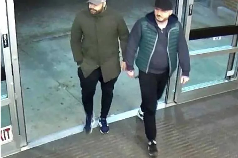 Police are searching for two men believed to have installed bank card skimmers at area Aldi stores. Photos show the suspects, the device, and the underside of the skimming device.