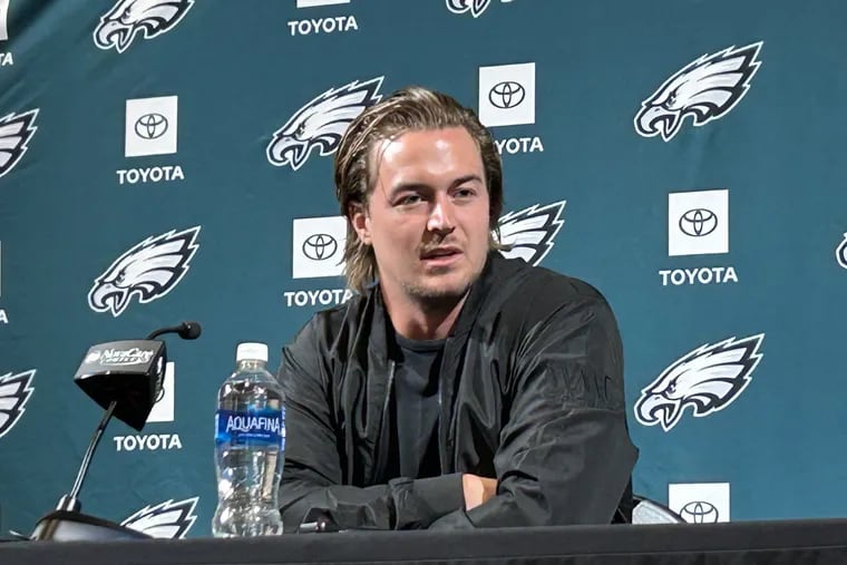 New Eagles backup quarterback Kenny Pickett speaks to reporters at the NovaCare Complex in Philadelphia, Pa. on Monday, March 18, 2024.