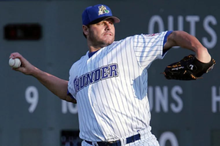 Roger Clemens, preparing to return to the Yankees, pitches for the Trenton Thunder.