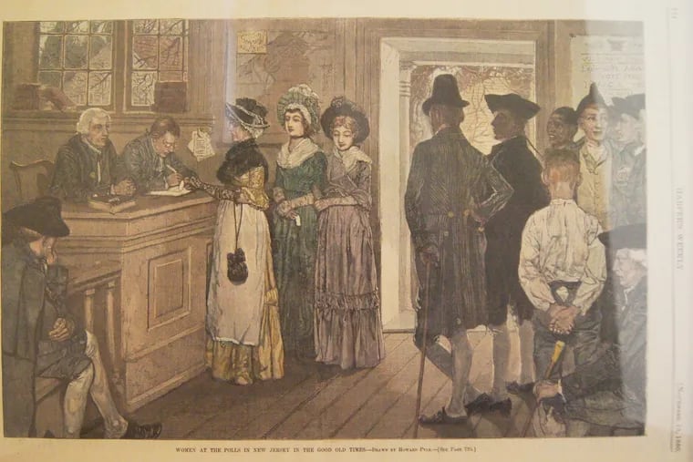 A hand-colored version of an 1880 engraving in Harper's Weekly called "Women At the Polls in New Jersey in the Good Old Times," drawn by Howard Pyle.