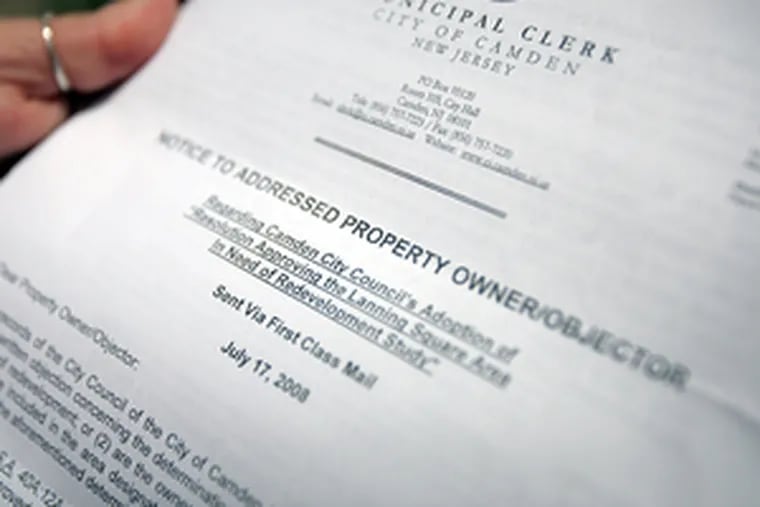 The city&#0039;s letter contains detailed legal terms and phrases, making some residents of Lanning Square fear that all of their homes will be taken by eminent domain for redevelopment.