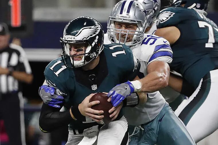Dallas' Sean Lee sacks quarterback Carson Wentz during the fourth quarter of Sunday's game, another play that helped doom the Eagles last Sunday night.