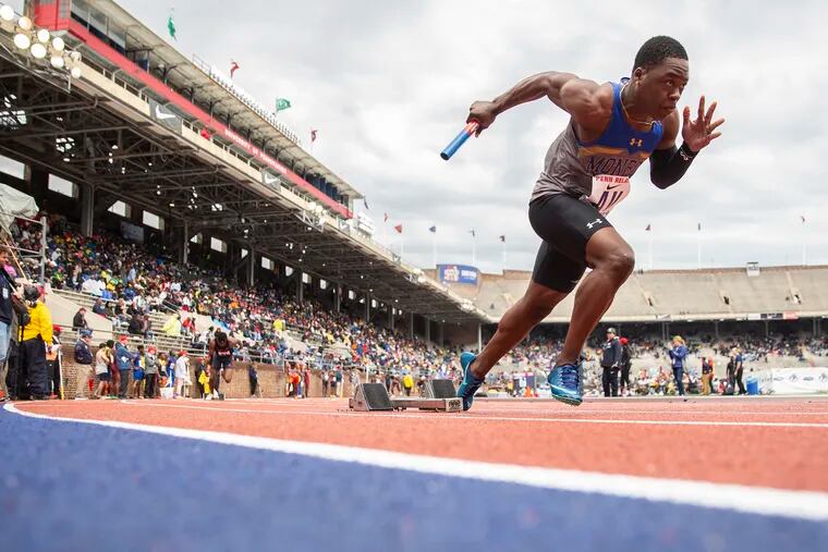 Bervensky Pierre of Monroe college competes in the College Men's 4x200 Championship of America Invitational at the 2019 Penn Relays at Franklin Field on Friday, April 26, 2019. Monroe finished in 6th place.