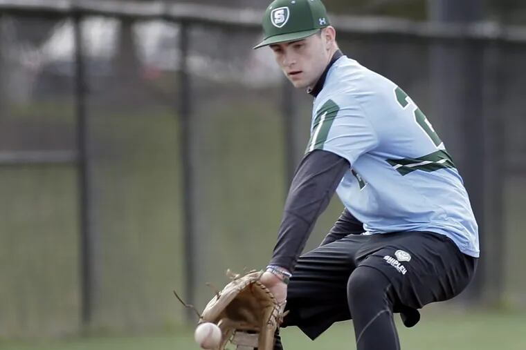 Shipley baseball player Gerard Sweeney during practice on April 11.