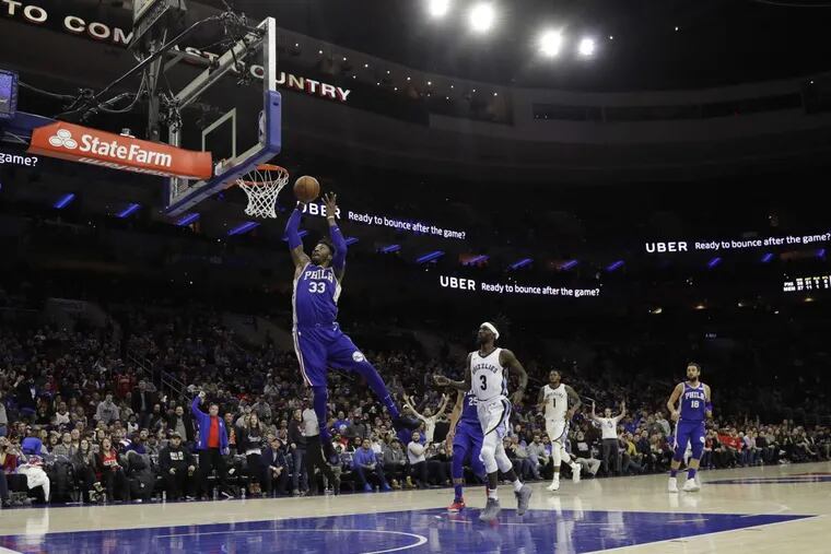 Robert Covington goes up for a dunk during the Sixers’ 119-105 win over the Memphis Grizzlies Wednesday night.