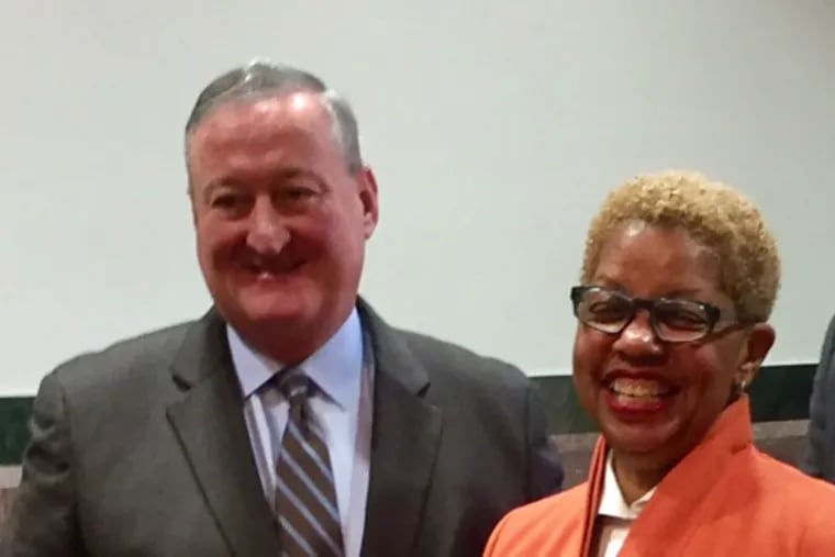Joyce Wilkerson is Mayor Kenney's pick for the School Reform Commission. She was sworn in Thursday morning in the mayor's office, and is shown here with Kenney.