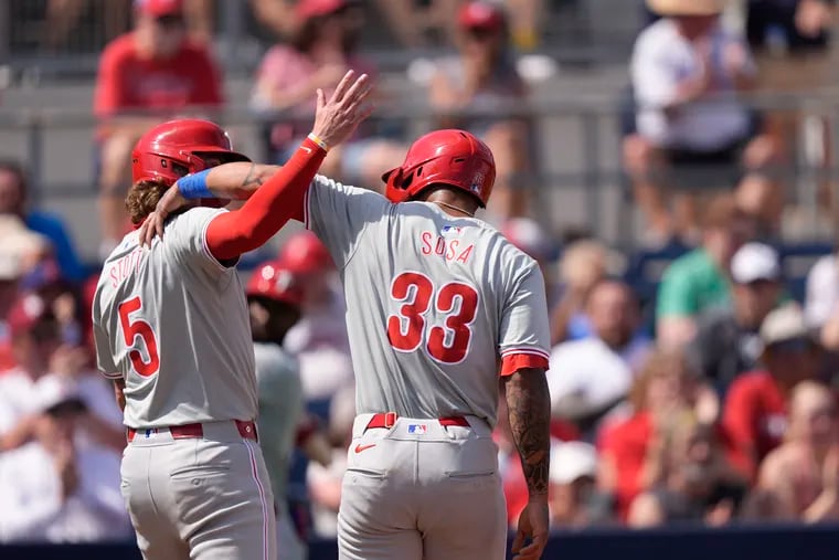 The Phillies' Bryson Stott (left) hit his first home run of the spring Friday against the Houston Astros.
