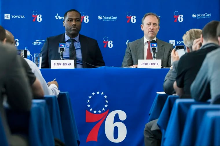 Philadelphia 76ers general manager Elton Brand, and managing partner  Josh Harris at a news conference in 2019.