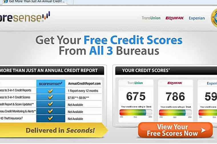 The website for freescoreonline.com directs consumers to ScoreSense with a pitch for an optional pay service.