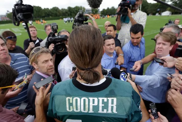 Eagles wide receiver Riley Cooper speaks with members of the media after practice at the NFL football team's training facility, Thursday, Sept. 5, 2013, in Philadelphia. (Matt Rourke/AP)