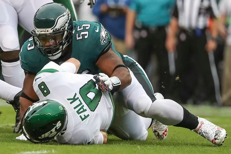 Eagles defensive end Brandon Graham records one of his career-high three sacks in the first quarter of Sunday's 31-6 win over the Jets. The Eagles had 10 sacks in the win, their most since 2007.