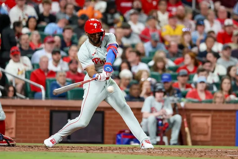 The Phillies' Johan Rojas hits an RBI single during the fifth inning against the Cardinals on Monday in St. Louis.