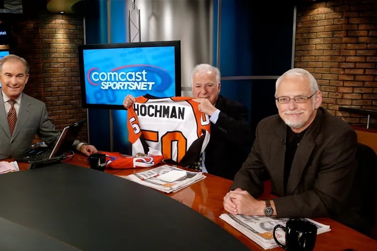 Longtime Daily News and Inquirer sportswriter Les Bowen (right) with Michael Barkann and Stan Hochman on Concast SportsNet.