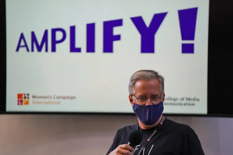 Joe Glennon speaks to students during an Amplify! create-a-thon event at Temple University's Annenberg Hall Saturday focused on developing messaging to reduce vaccine hesitancy.