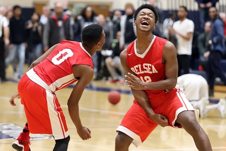 Delsea’s Nate Cox (left) and Javon Gordon react after beating Timber Creek.