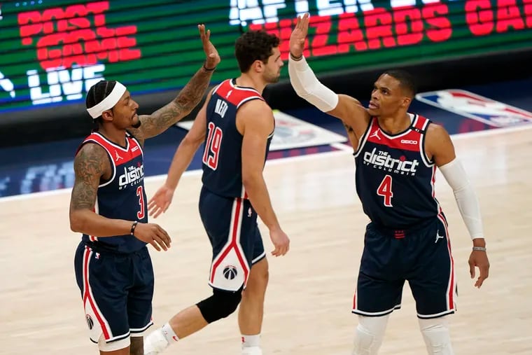 Containing Wizards guards Bradley Beal (left) and Russell Westbrook (right) will be a point of emphasis for the Sixers when their playoff series begins Sunday.