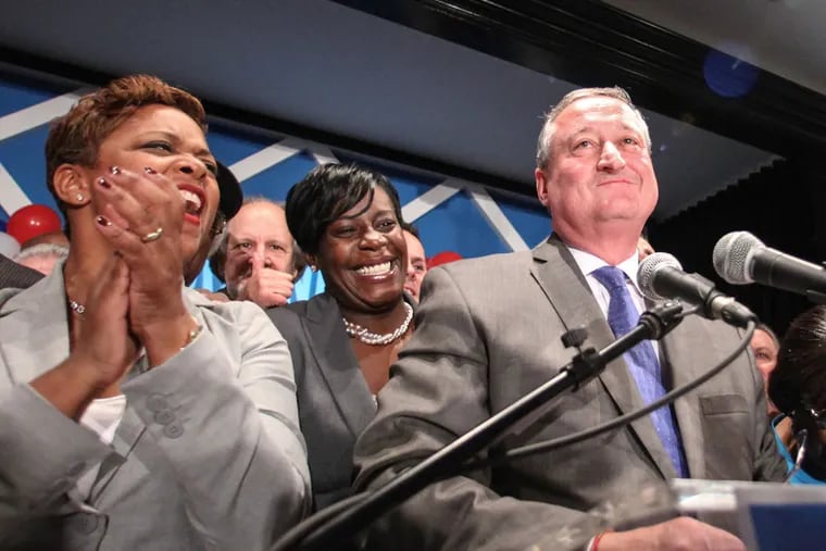 Philadelphia Democratic mayoral candidate and former city councilman Jim Kenney and supporters celebrate on Election Night.  Tuesday, May 19, 2015. (  Steven M. Falk / Staff Photographer )