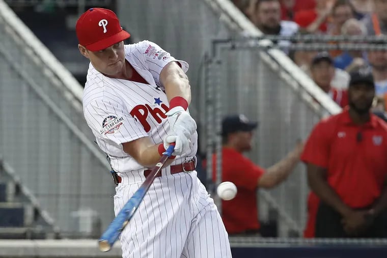 Rhys Hoskins out-swung National League home-run leader Jesus Aguilar in the first round of the Home Run Derby at Nationals Park in Washington, D.C.