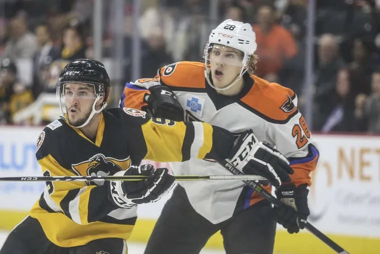 Phantoms’ Oskar Lindblom (right) is one of the Flyers’ top prospects.