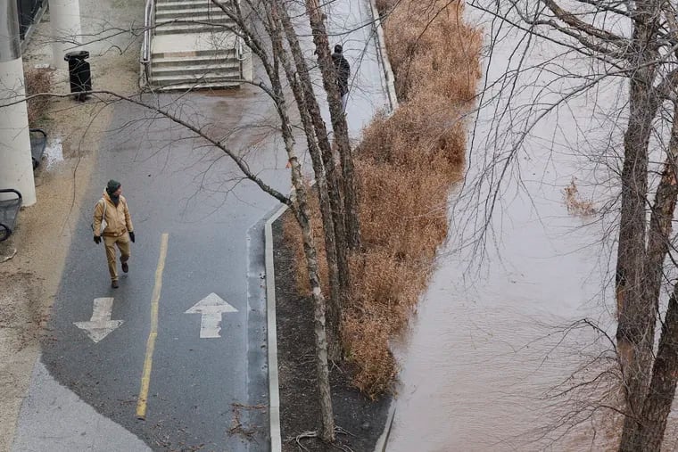 Flooding is seen along the banks of the Schuylkill in Center City, Philadelphia.
