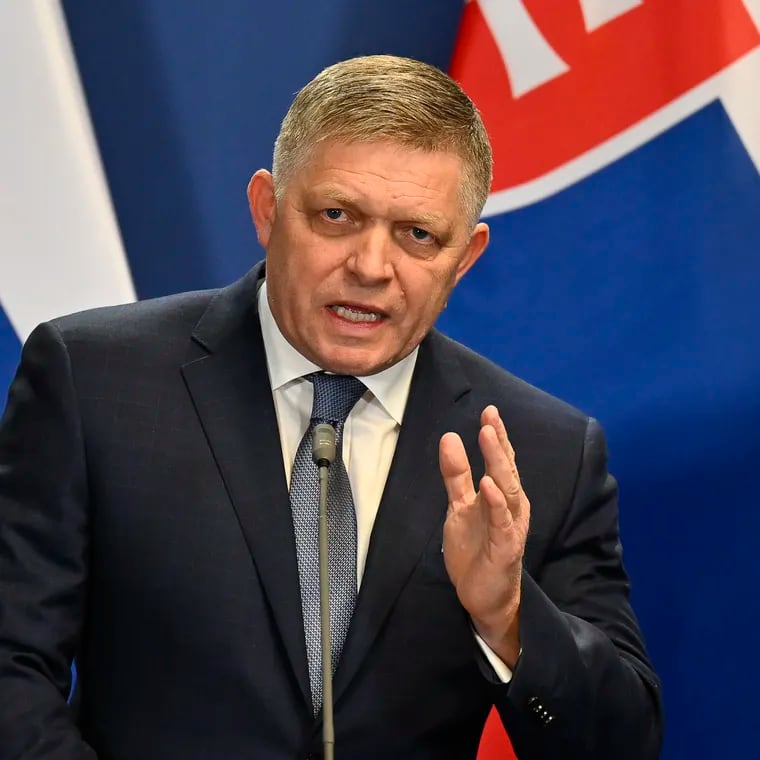 Slovakia's Prime Minister Robert Fico speaks during a press conference with Hungary's Prime Minister Viktor Orban at the Carmelite Monastery in Budapest, Hungary, on Tuesday.