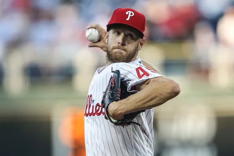 Phillies pitcher Zack Wheeler throws against the Mets  during the 1st inning at Citizens Bank Park in Philadelphia, Tuesday,, April 12, 2022