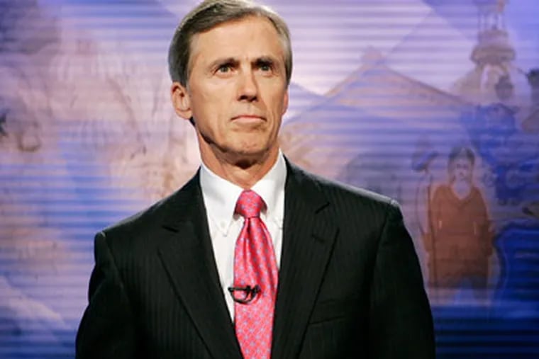 New Jersey Independent candidate for governor, Chris Daggett stands in a television studio during a debate Thursday, Oct. 1, 2009, in Trenton, N.J.(AP Photo/Mel Evans)
