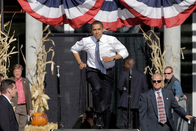 Then-Democratic presidential candidate Barack Obama arrives at a rally in Des Moines, Iowa, on Oct. 31, 2008.