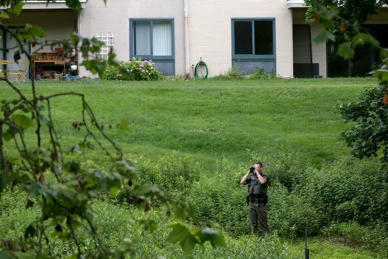 A state game warden searches for a bear spotted along Manatawna Avenue in Roxborough on Thursday, June 13, 2019.