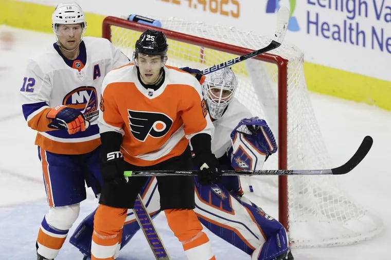 Flyers left winger James van Riemsdyk, shown getting position in a preseason game against the Islanders, could return to the lineup as early as Thursday.