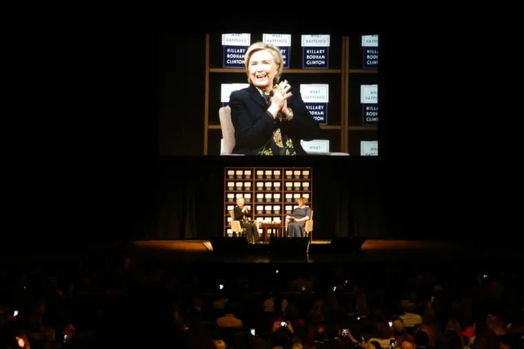 Hillary Rodham Clinton takes the Academy of Music stage with moderator Jennifer Weiner on Nov. 30.