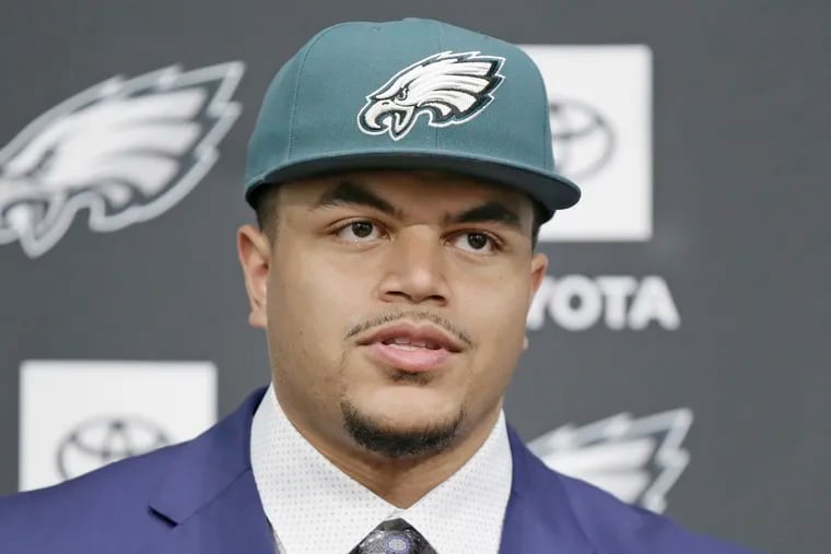 Philadelphia Eagles first round draft pick Andre Dillard responds to a question during a press conference at the Eagles NovaCare Complex in South Phila. on April 26, 2019.