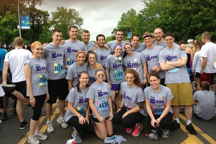 The team who ran the 2012 Broad Street Run in honor of Kevin Kless, who was killed in a street attack earlier that year. The 2019 run features a team running to benefit organ-donor advocates Gift of Life House in memory of Kless.