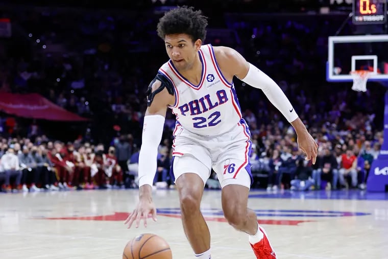 Sixers guard Matisse Thybulle chases down the ball against the Cleveland Cavaliers on Feb. 12..