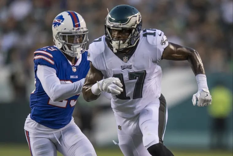 New Eagles wide receiver Alshon Jeffrey breaks free from Bills cornerback Kevon Seymour in first quarter action of the Eagles 20-16 preseason win over the Bills.