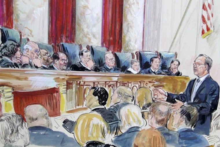 This artist rendering shows Paul Clement speaks in front of the Supreme Court in Washington, Tuesday, March 27, 2012, as the court continued hearing arguments on the health care law signed by President Barack Obama. (AP Photo/Dana Verkouteren)