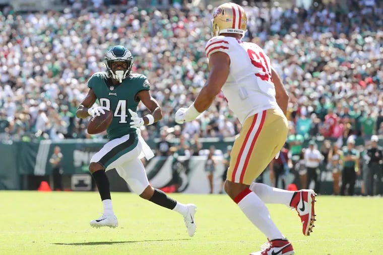 Eagles wide receiver Greg Ward looks to throw the ball in a Philly Special-style play in the second quarter, but it didn't work.
