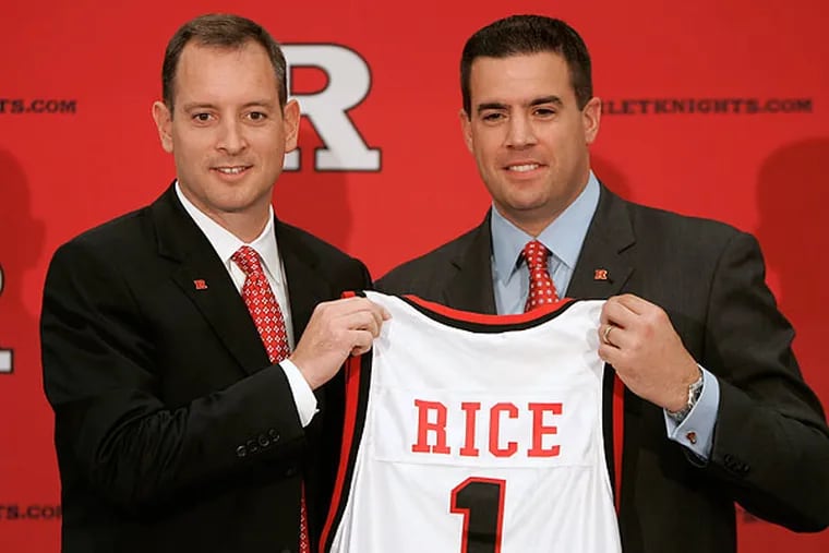 Tim Pernetti (right) is out as Rutgers' athletic director in the wake of the firing of men's basketball coach Mike Rice (left). (Rich Schultz/AP file photo)