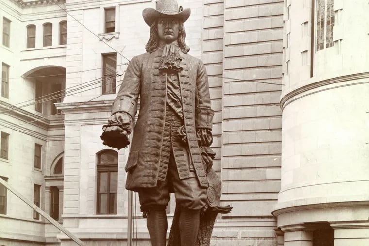 The William Penn statue on display in the City Hall courtyard in 1893, the year before it was hoisted, bit by bit, to the top.