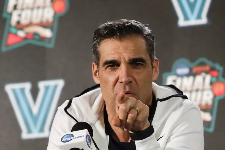 Villanova Head Coach Jay Wright points while speaking to the media during a availability on Sunday, April 1, 2018 at the Alamodome in San Antonio.