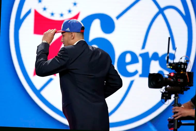 Ben Simmons on stage after being drafted by the Sixers in 2016.