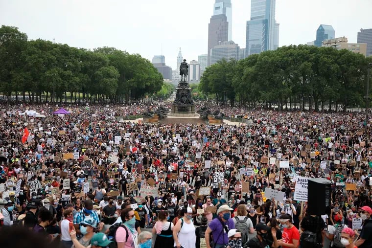 Protesters gather along the steps of the Philadelphia Art Museum and Eakins Oval during a June 6 protest in Philadelphia following the death of George Floyd, a Black man who died in police custody in Minneapolis.