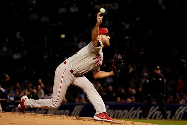 Zack Wheeler of the Philadelphia Phillies throws a pitch during the first inning of a game against the Chicago Cubs at Wrigley Field on September 27, 2022 in Chicago, Illinois. (Photo by Nuccio DiNuzzo/Getty Images)